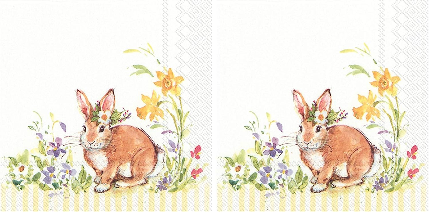 IHR Ideal Home Range 3-Ply Cocktail Size Paper Party Napkins Brunch Napkin Decor, 20-Count, 5" x 5", Lovely Bunny (Yellow)