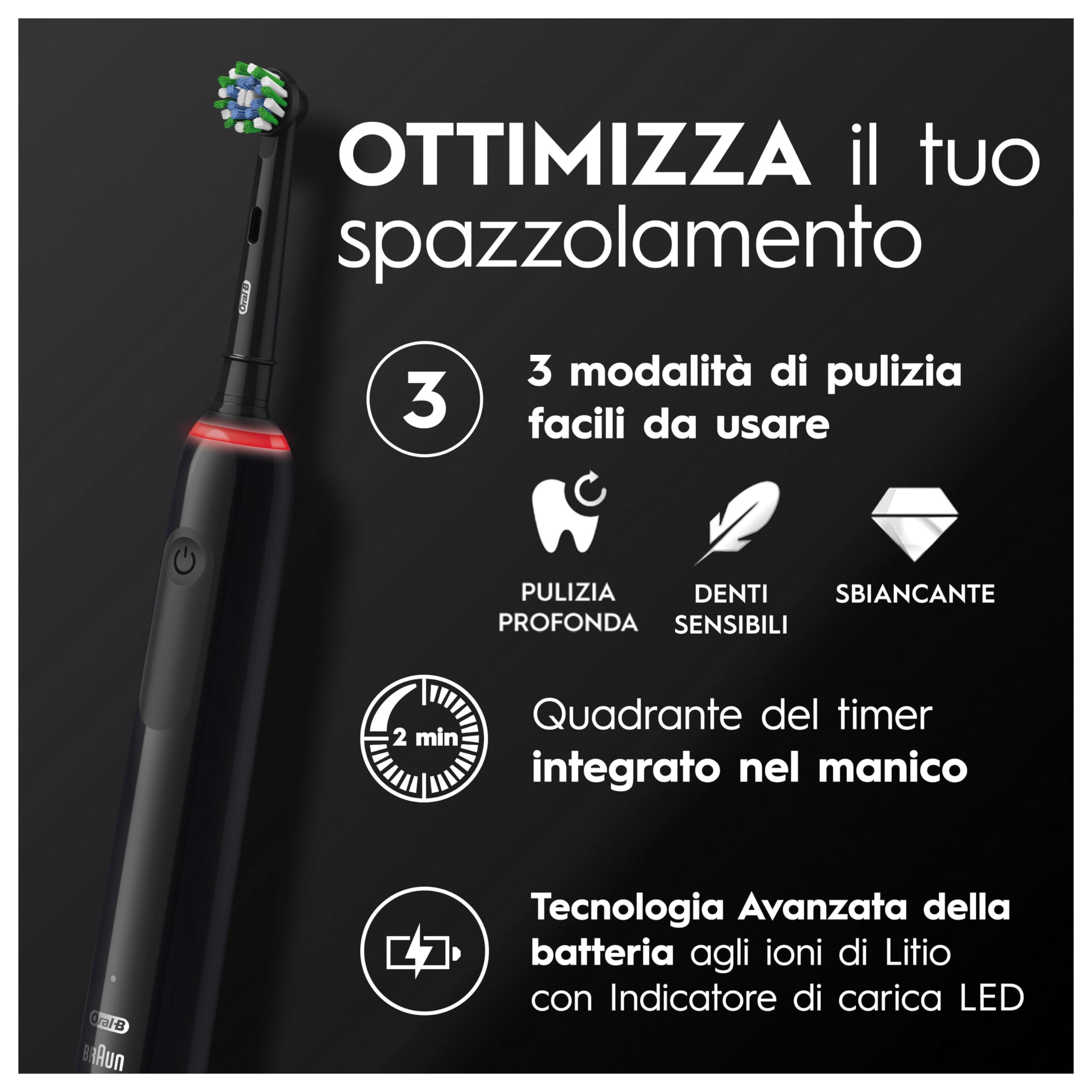 Oral-B Spazzolino Elettrico Ricaricabile Pro 3 3000, Sensore di Pressione Luminoso, Batteria a Lunga Durata, 2 Testine Sensitive Clean, 1 Spazzolino Elettrico, Nero, Idea Regalo