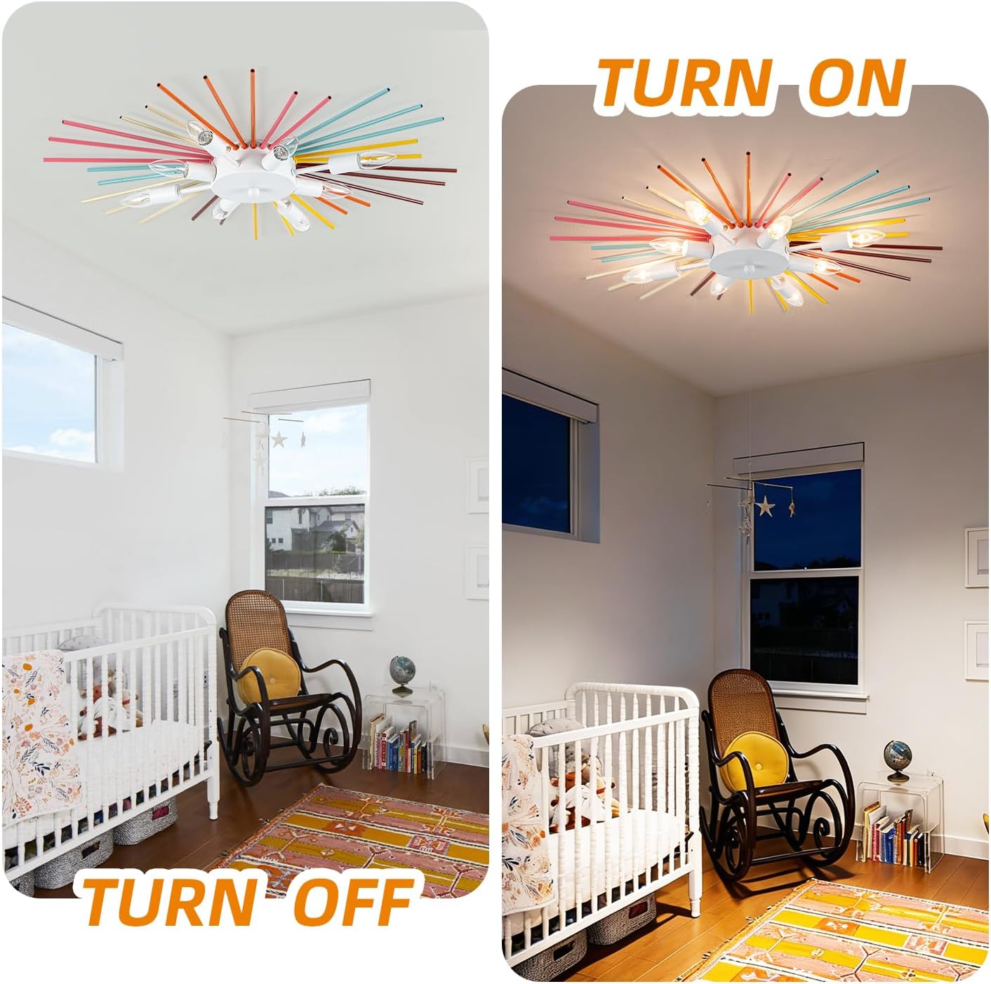 Kids Ceiling Light,8-Lights Colorful Sputnik Ceiling Fixtures, Rainbow Kid Chandelier for Bedroom Playroom Kitchen Entryway,E12