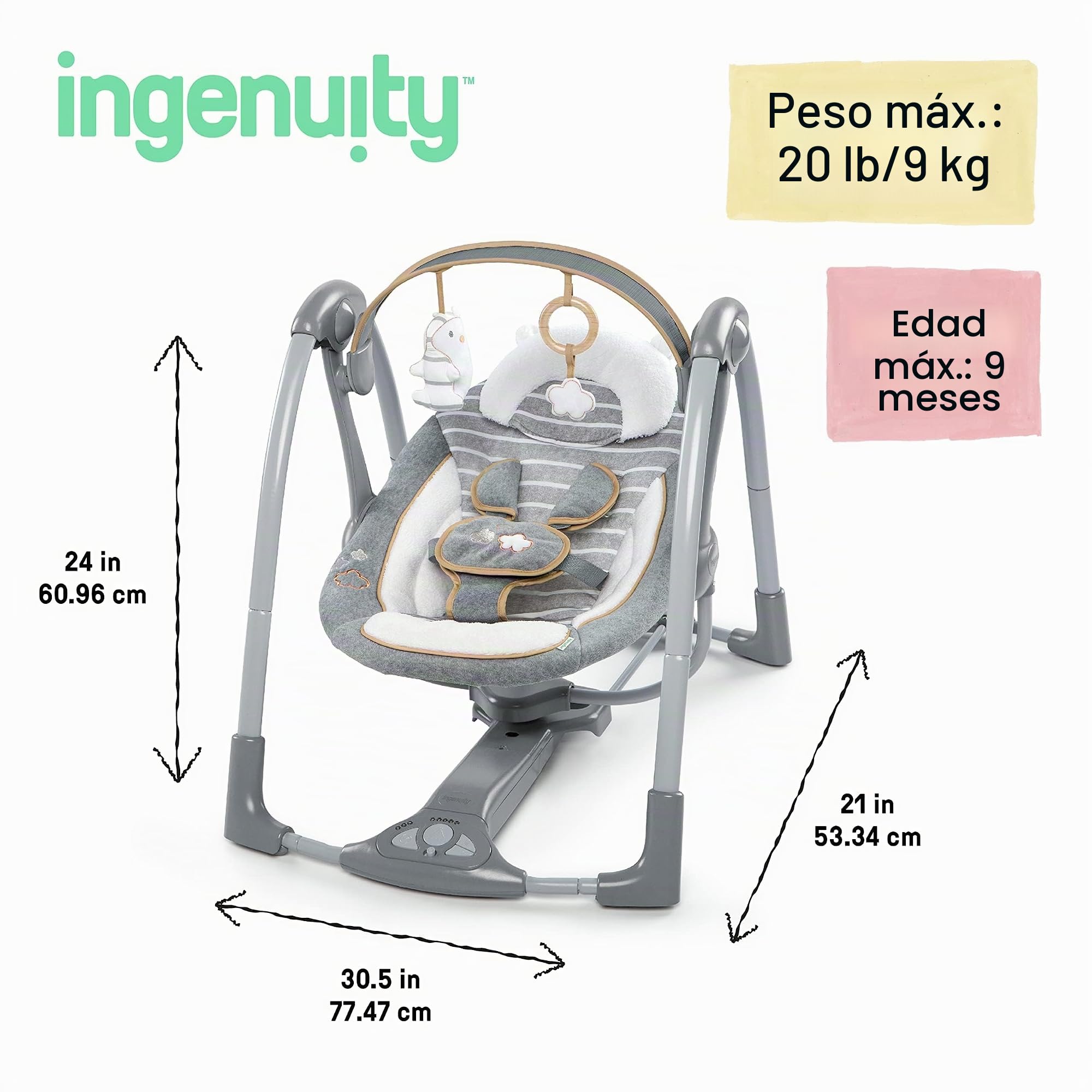 Ingenuity Swing 'n Go Deluxe Columpio de 5 Velocidades con Arnés Acolchado - Plegable, Portátil, 2 Juguetes de Peluche y Sonidos, 0-9 Meses (Bella Teddy)