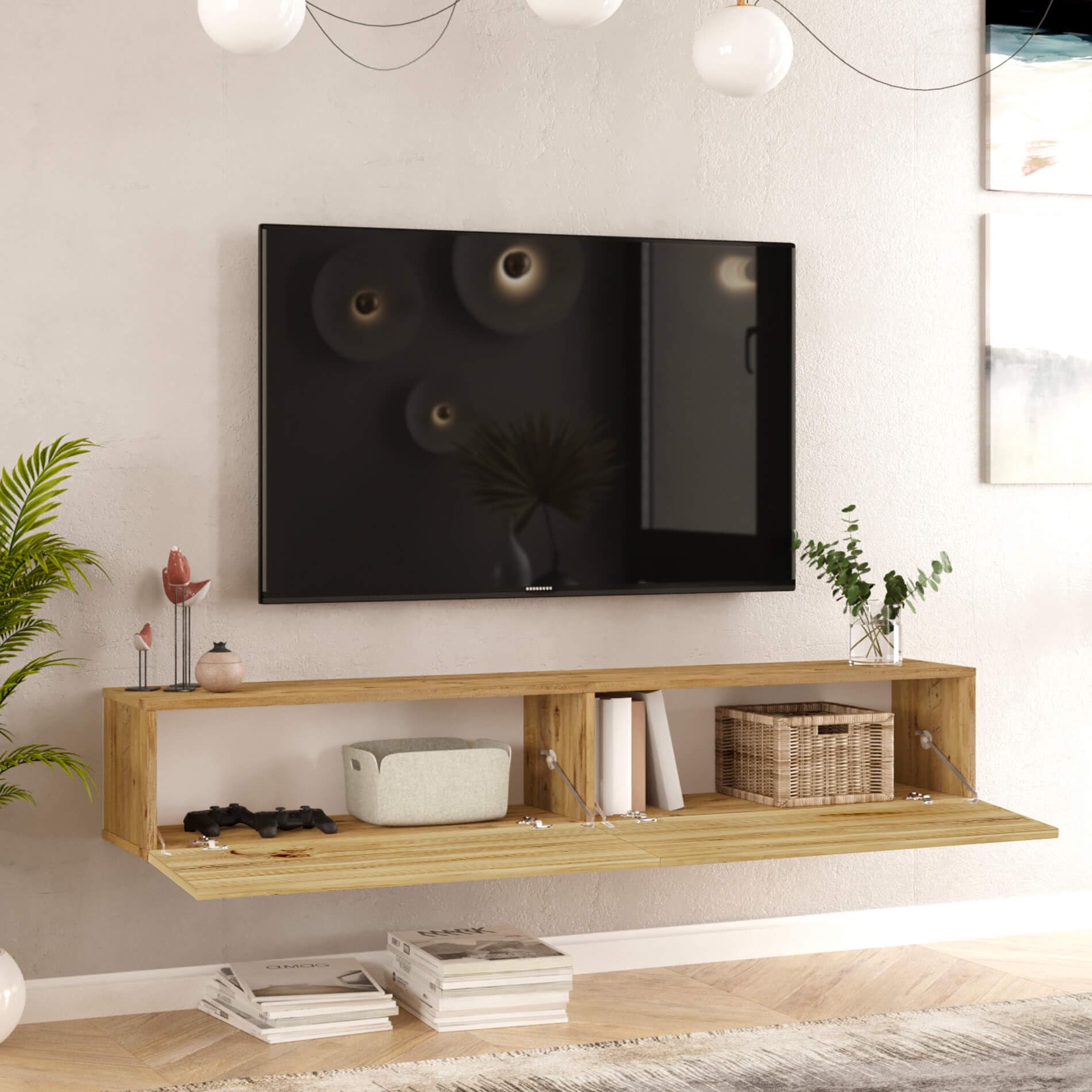 Rebecca Mobili Mueble para TV colgante, aparador colgante, roble claro, aglomerado, con 2 puertas, para salón moderno – Medidas (alto x ancho x profundo): 29,5 x 180 x 31,5 cm – Art. RE7211