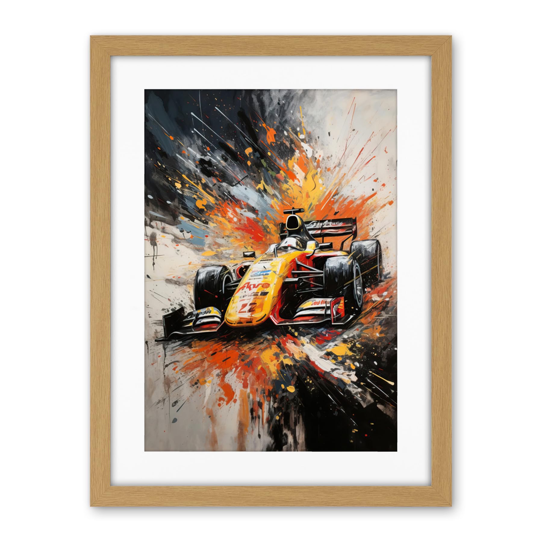 Artery8 Yellow Race Car Racing Scene Modern Spatter Art Artwork Framed Wall Art Print 18X24 Inch