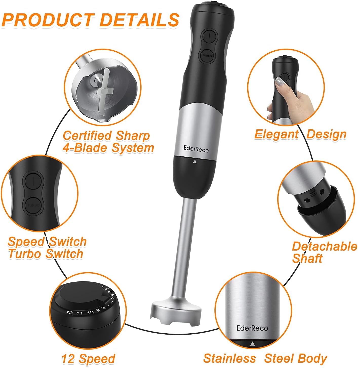 5-in-1 Immersion Hand Blender, Powerful 600W Motor, 12-Speed Multi-purpose Blender with Stainless Steel Blades, with Chopper, Beaker, Whisk and Milk Frother for Smoothie, Baby Food, Sauces,Puree, Soup: Home & Kitchen