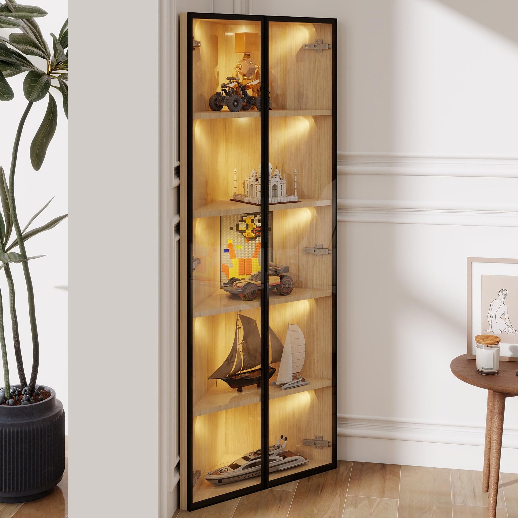 Vitrine d'angle en verre avec éclairage LED, cadre en aluminium, vitrine en bois avec cloison à 5 couches, armoire d'angle pour salon, couloir, bureau, 62 x 35 x 160 cm (style A)