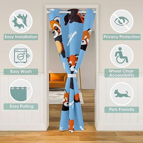 Miniatura 3 de Cortinas de puerta de panda rojo, cortina opaca Kawaii de 34 pulgadas de ancho x 80 pulgadas de largo, cortina de puerta con bonito patrón de