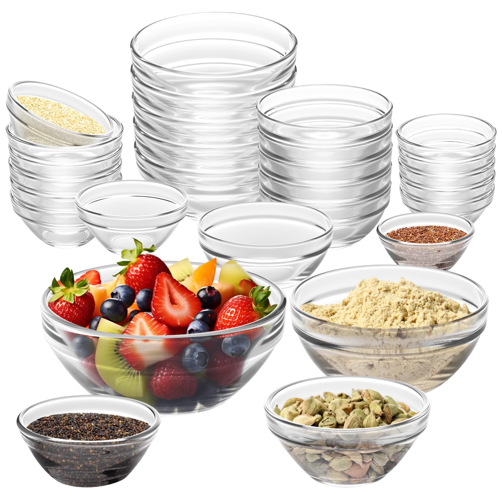 LemonRoad 20-teiliges Glas-Schüssel-Set, 4 Größen, 3,8 cm, 6,3 cm, 11,4 cm, 240 ml, transparent, klein, stapelbar, für Belag, Küche, Salz, Gewürze, Dipping, Backen und Mahlzeiten