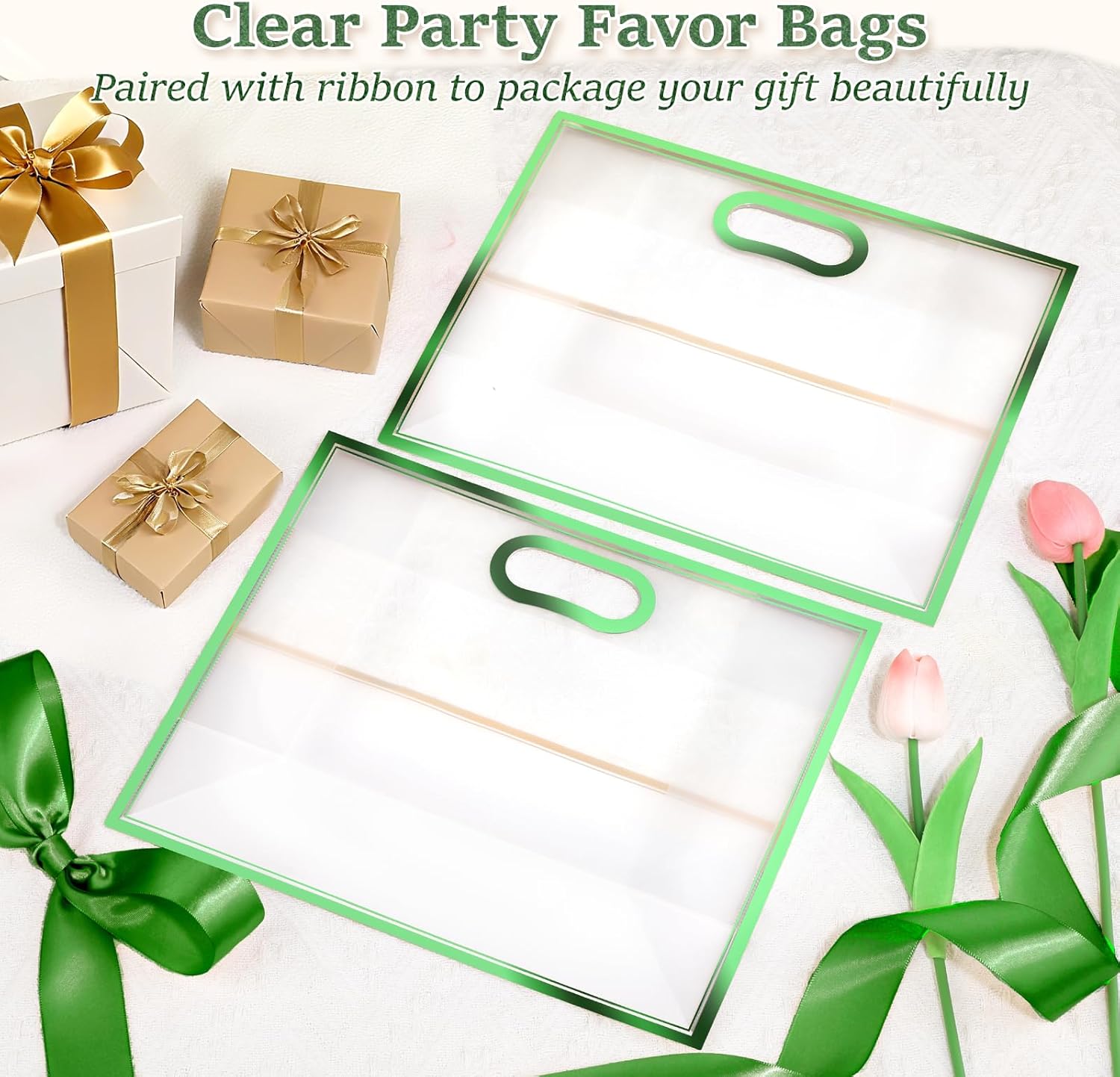 YumiTrek 15Pcs Clear Gift Bags with Handles, Large PVC Transparent Bags with Ribbon 12 x 10 x 5 in, Party Favor Bag Reusable for Wedding Bridal Shower Baby Shower Birthday (Metallic Green) - Image 5