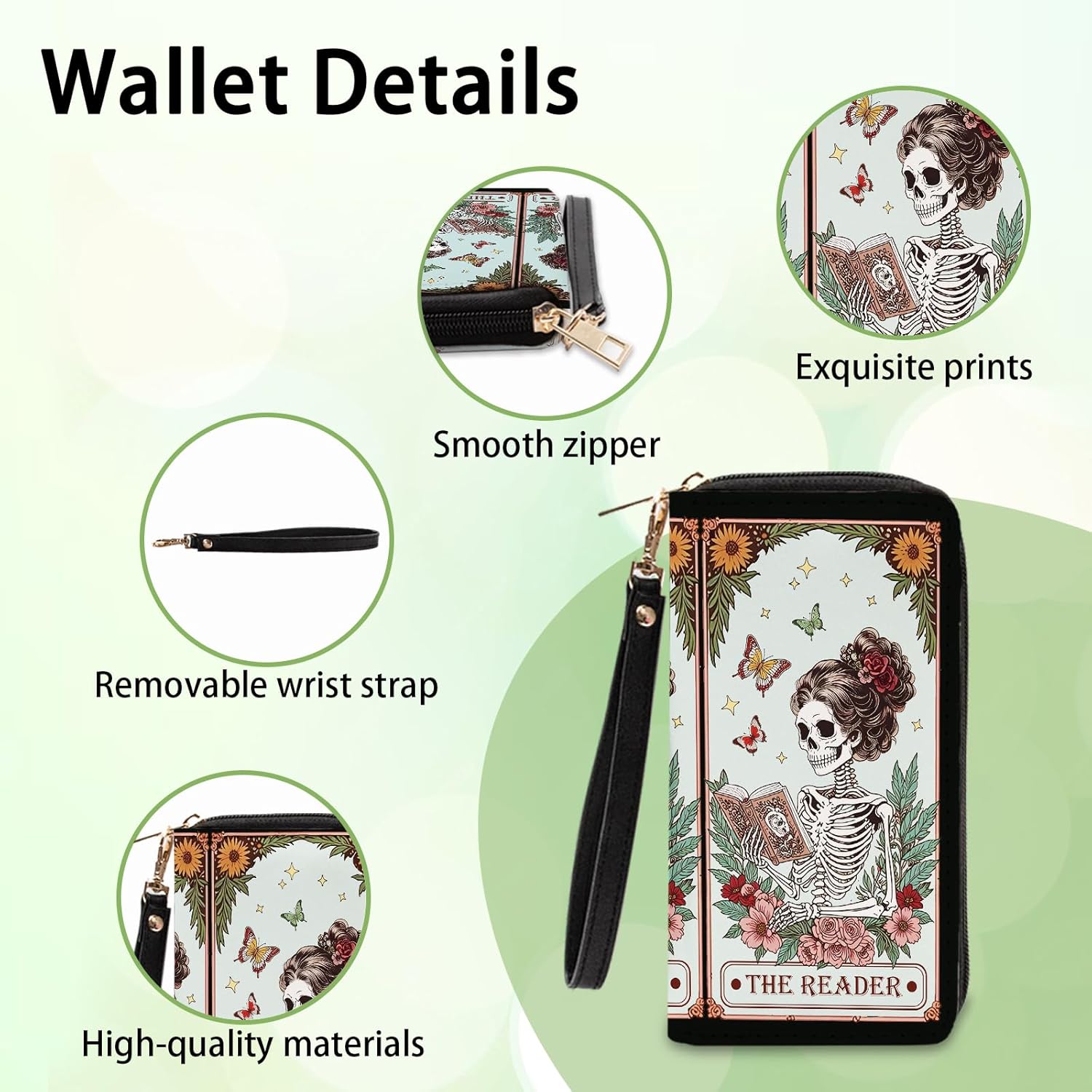 Book Lovers Gift for Womens Wallet - Slim PU Leather Gothic Style Skeleton Reader Wallet for Women with Zipper, Credit Card Holder Wallets, Wristlet Wallets for Female Girls Birthday(Reading Gift) - Image 4