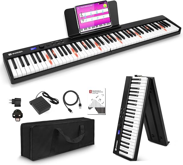Vangoa 88 Keys Piano Keyboard Foldable Bluetooth Digital Piano with Lighted Keys Semi-Weighted Keyboard Piano, Rechargeable, Portable, Black
