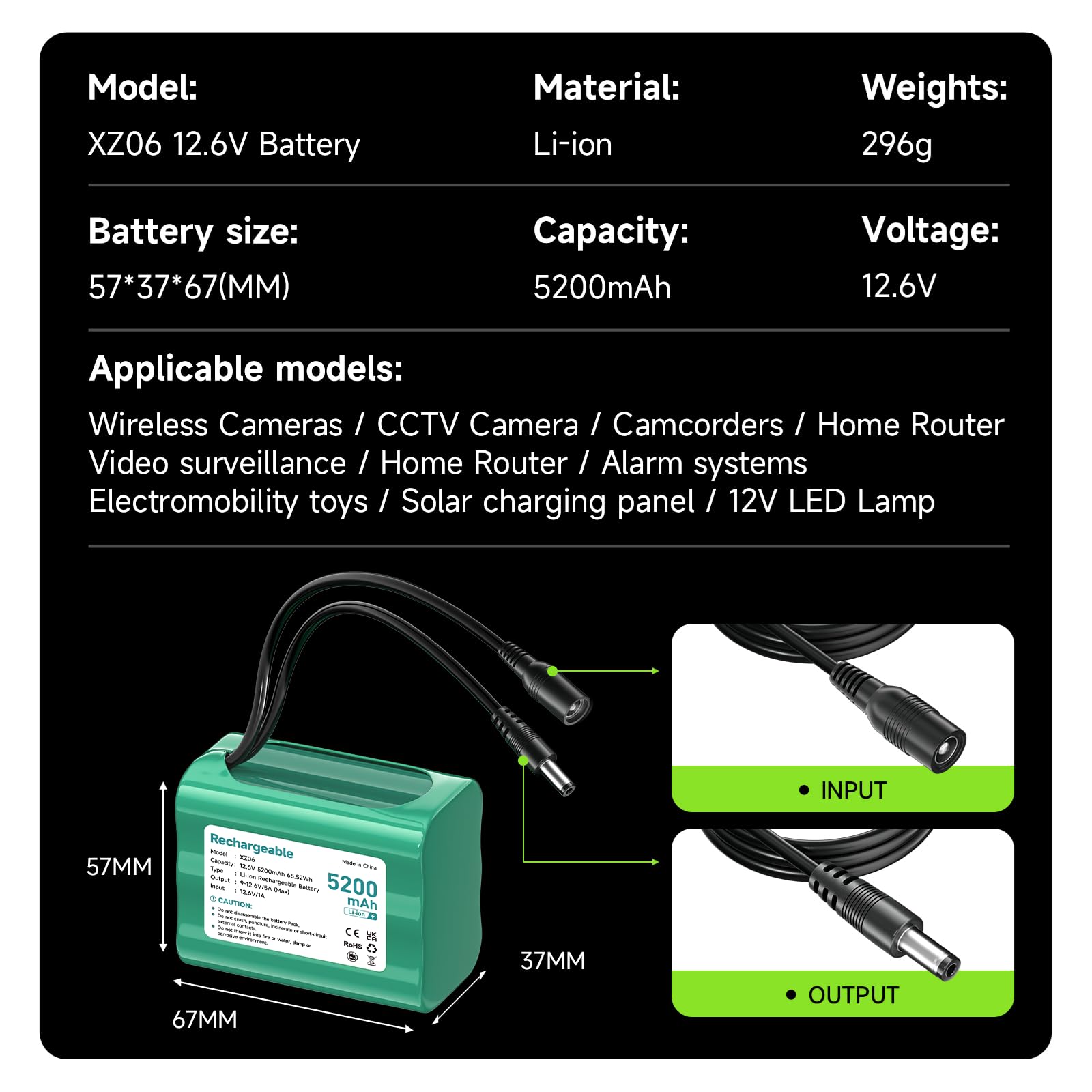 Batería Litio 12.6V 5200mAh, batería pequeña de 12V con Cargador y Adaptador Conector y línea conexión para Sonido, Dab Radio, iluminación bight, Faros, statespiano, Sonar