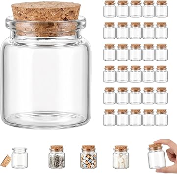 Small Glass Jars with Cork Stoppers, 30 Pcs 45 x 50 mm Clear Glass Bottles, 50 ml Mini Glass Bottles, Mini Cosmetics Container, for Wedding Party Favours Decoration Spices Liquids, Transparent