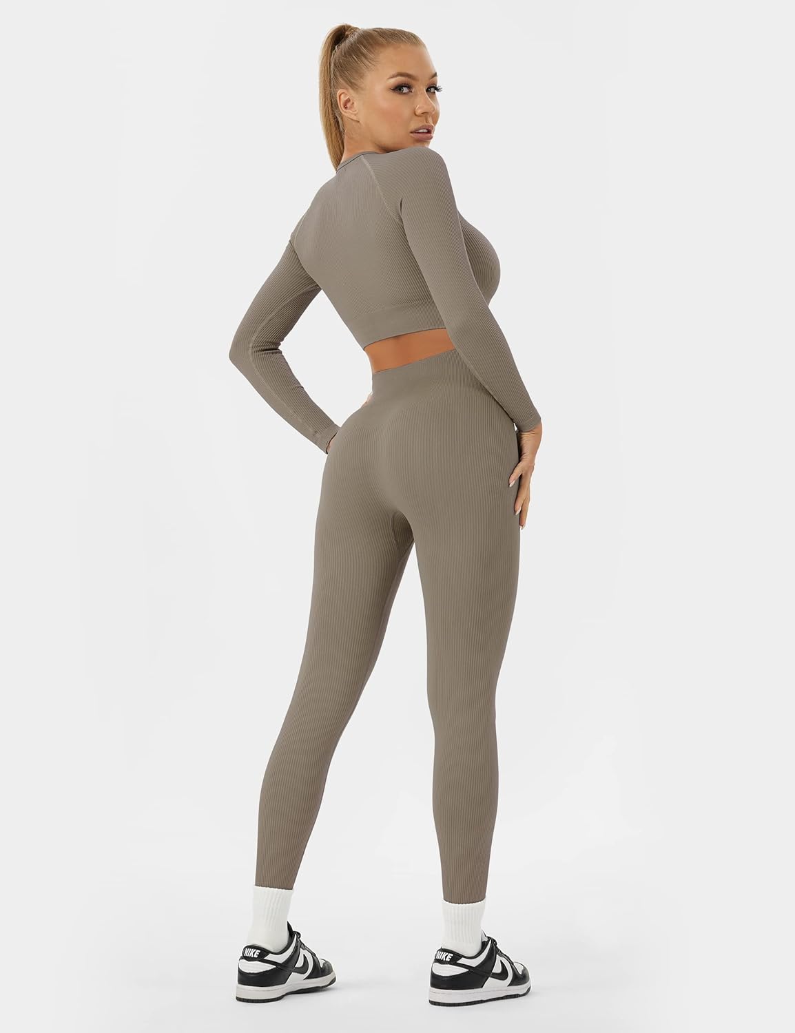 Buttergene Women Workout Sets 2 Pieces Long Sleeve Yoga Outfits Gym Clothes Seamless Ribbed Crop Top High Waist Leggings - Image 3