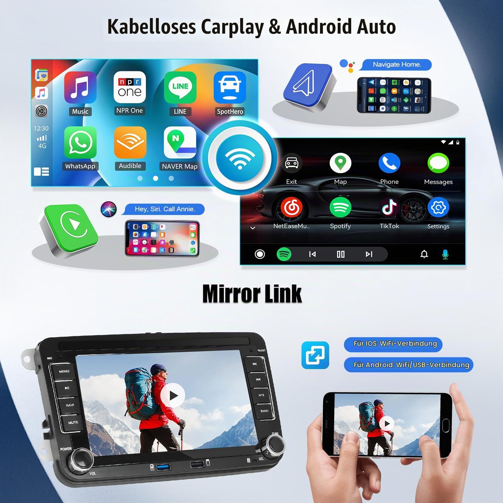 SIXWIN 2+64G Android 15 Autoradio für VW Golf 5 Golf 6 Skoda Polo Passat Tiguan Touran mit Carplay/Android Auto/Mirrorlink,7 Zoll Touchscreen mit WiFi GPS Bluetooth FM RDS Radio EQ 2USB Aufladen
