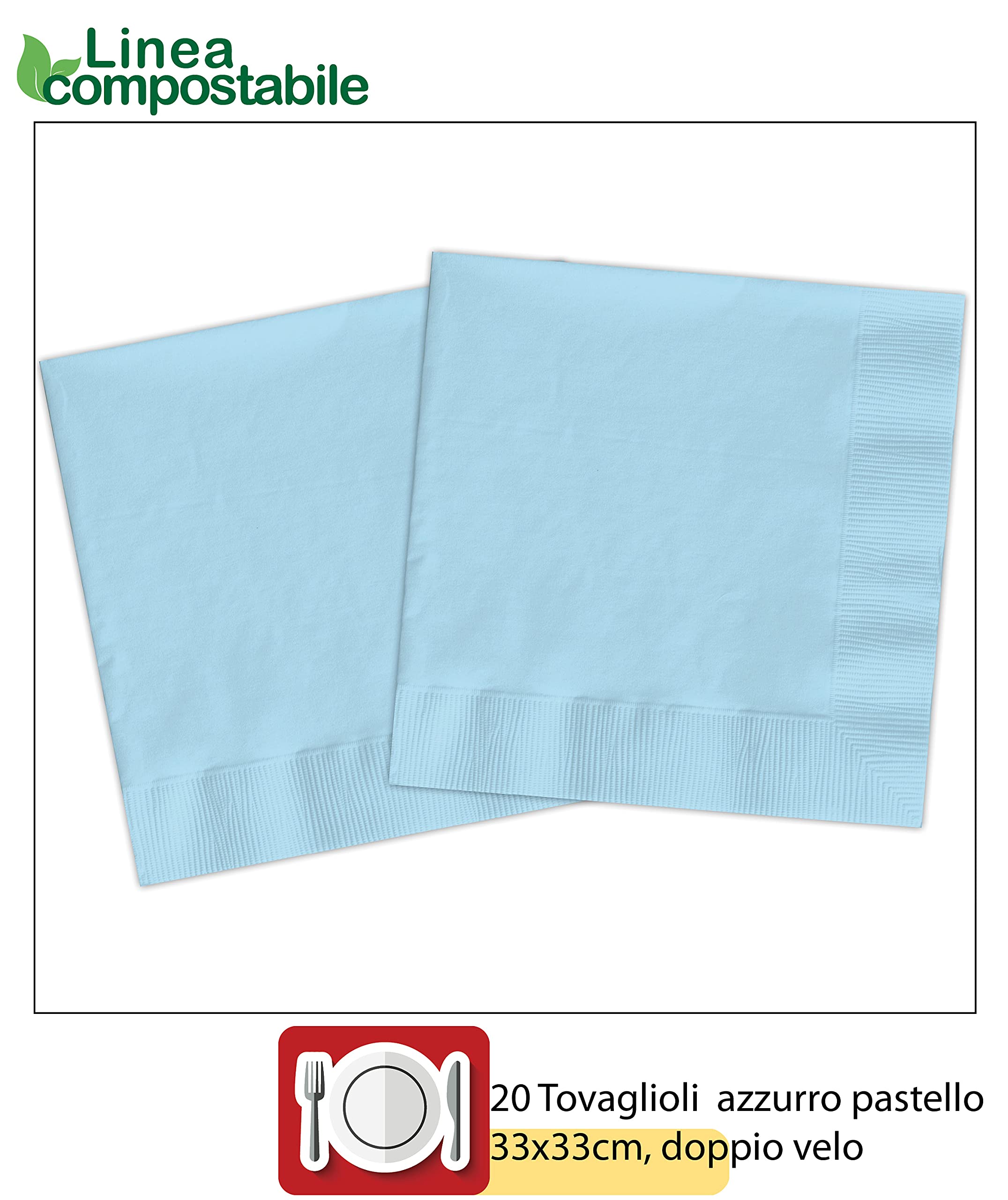 Tovaglioli Di Carta Compostabili FSC - 20 Pezzi 33x33 Cm - Azzurro Pastello - Per Feste, Compleanni, Eventi Eco