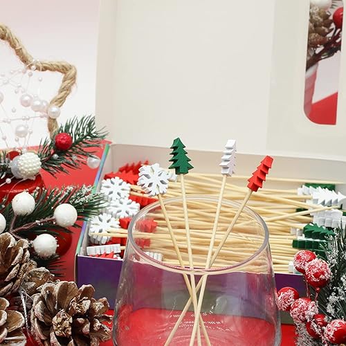 Miniatura 4 de 100 palillos de cóctel de árbol de Navidad con copos de nieve de 4.7 pulgadas de largo, palillos de frutas, sándwich de aperitivo, brochetas de