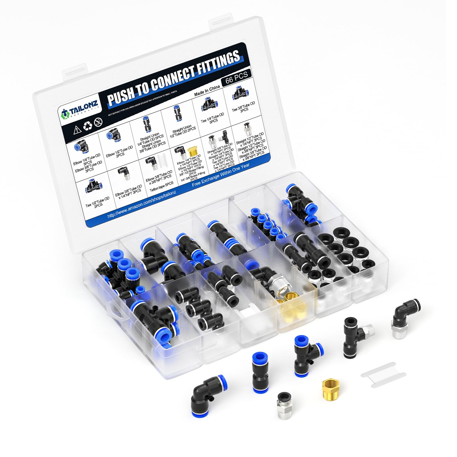 Tailonz Pneumatic Raccordi innesto rapido 0,6, 0,9, 1,3 tubi aria, kit di filettato di collegamento per raccordi a innesto rapido, per tubi in nylon, dell'aria, in PU e altri (confezione da 66)