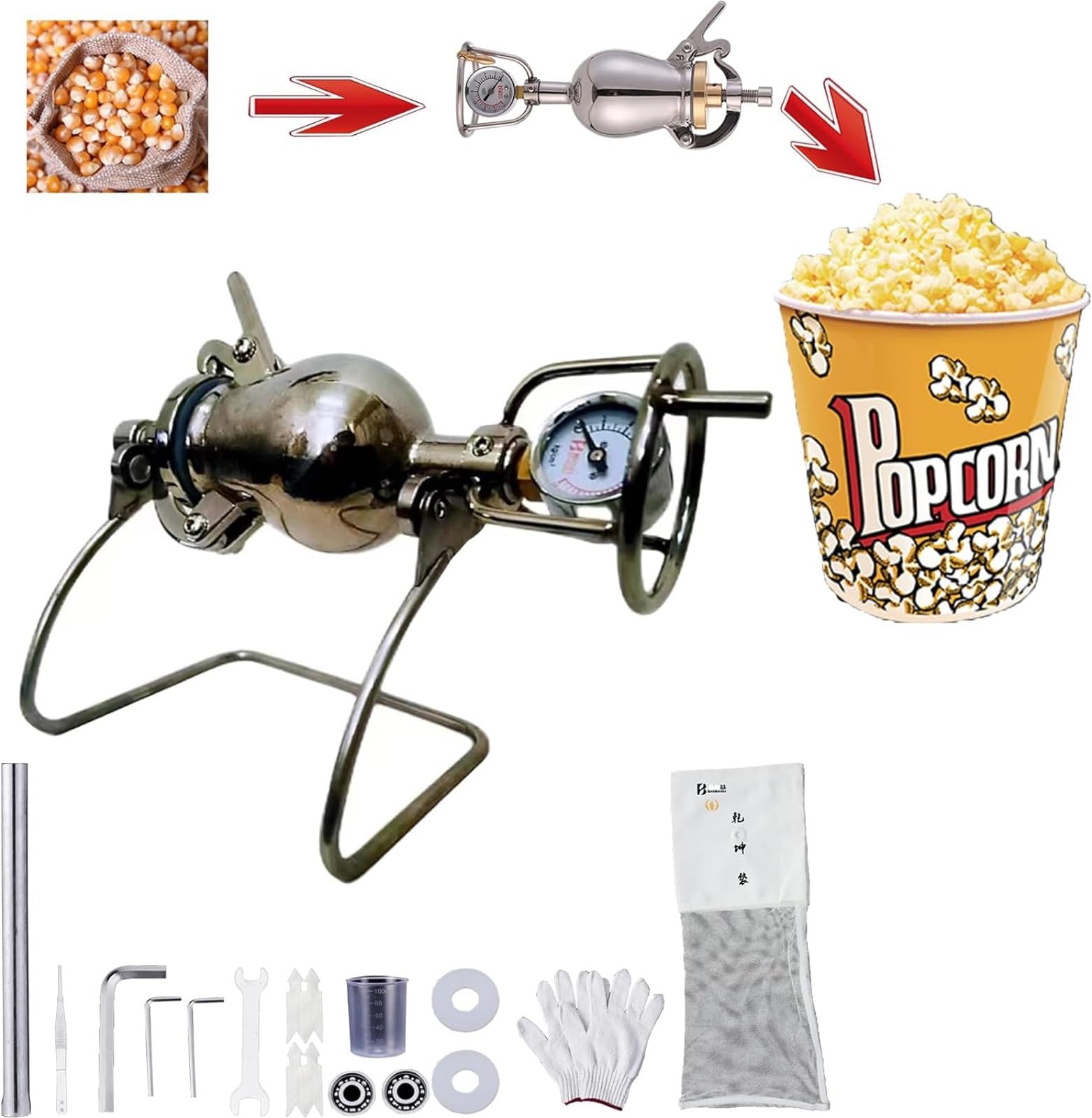 DIY retro mini maszyna do popcornu, staromodna maszyna do robienia popcornu ze stali nierdzewnej, małe maszyny do popcornu w stylu vintage, z mini torbą na popcorn (100 ml)