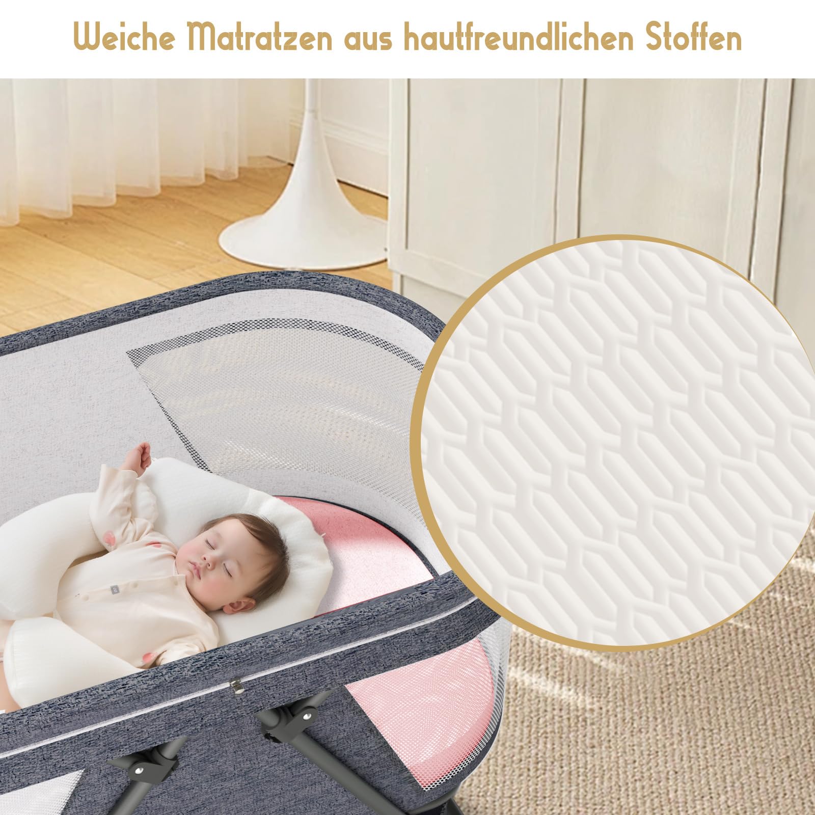 XJD Baby Beistellbett, 2 in 1 Babybett klappbar, Stubenwagen mit Aufbewahrungskorb, Reisebett mit weich Matratze, Transporttasche, Moskitonetz, Babywiege für 0-6 Monate, von Geburt bis 10 kg, Grau