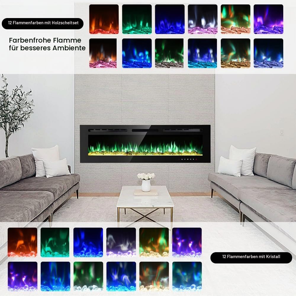 M.C.Haus Ultradünner Elektrischer Kamin, Geräuscharm, 12 Verschiedene Flammen, Versenkte Wandmontage, Glas-Touchscreen und Fernbedienung, mit Kristall und Holzscheit(178cm/70inch, Schwarz)