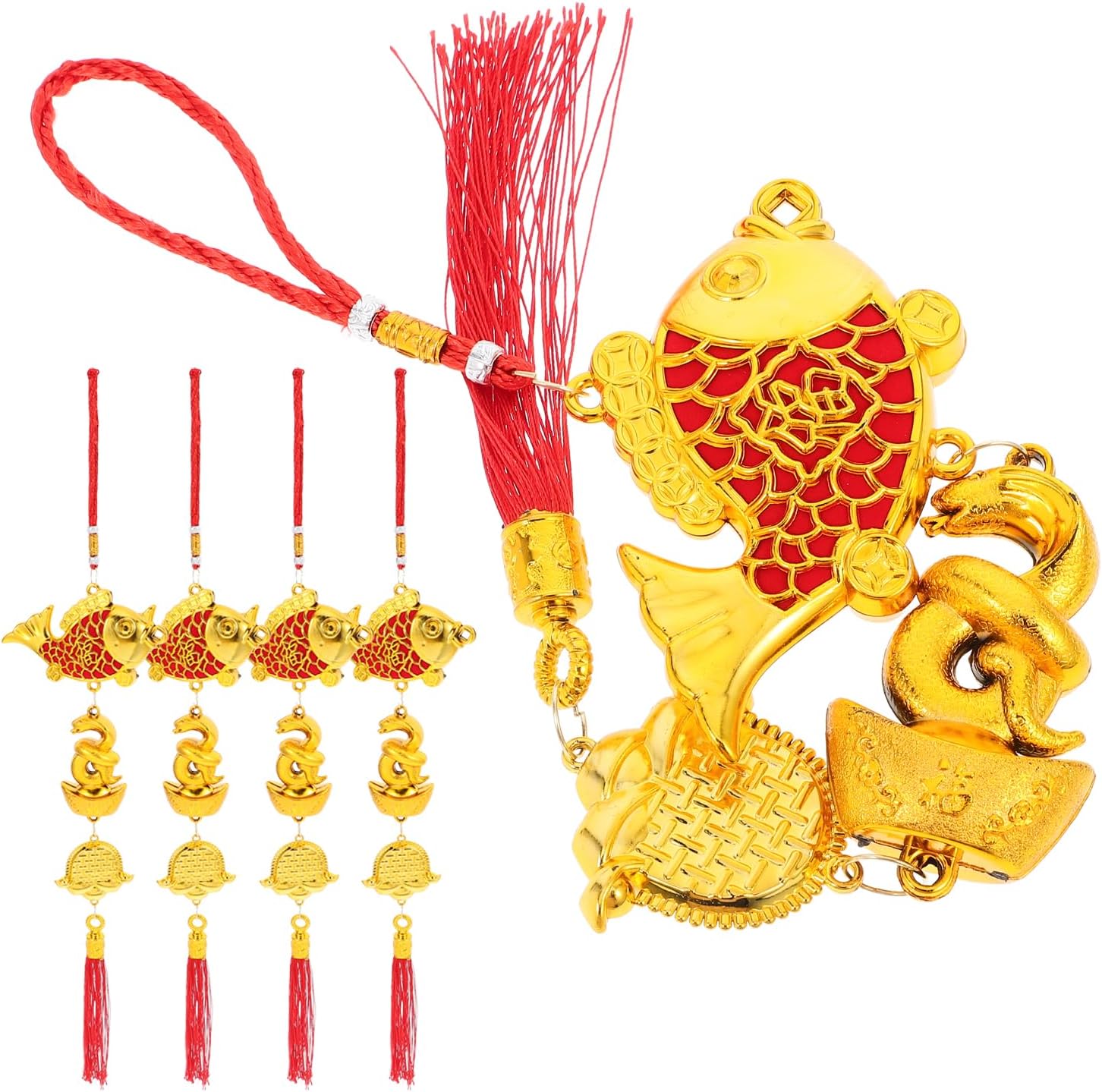 6pcs Chinese New Year Decorations 2025 Year of The Snake Fish Lunar New Year Tree Ornaments Chinese Zodiac Pendant Wealth Good Luck Charms Car Hanging Tassel Spring Festival Bonsai Decor