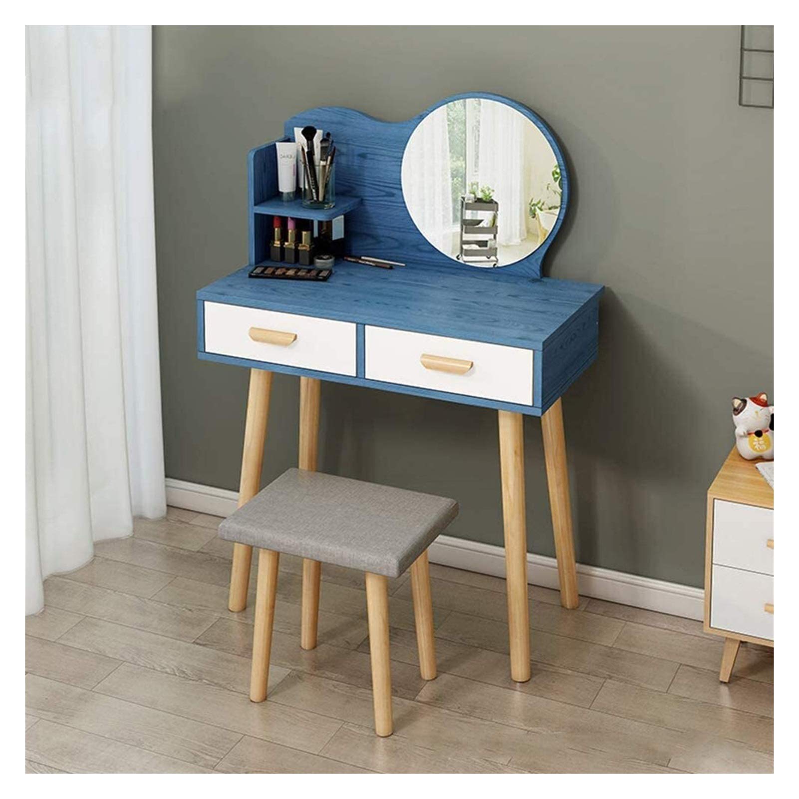 asdchZen Elegant Blue Dressing Table Set With Round Mirror Cushioned Stool 2 Drawers & 2 Storage Shelves-Perfect Makeup Vanity For Bedroom Size: 80X40Cm