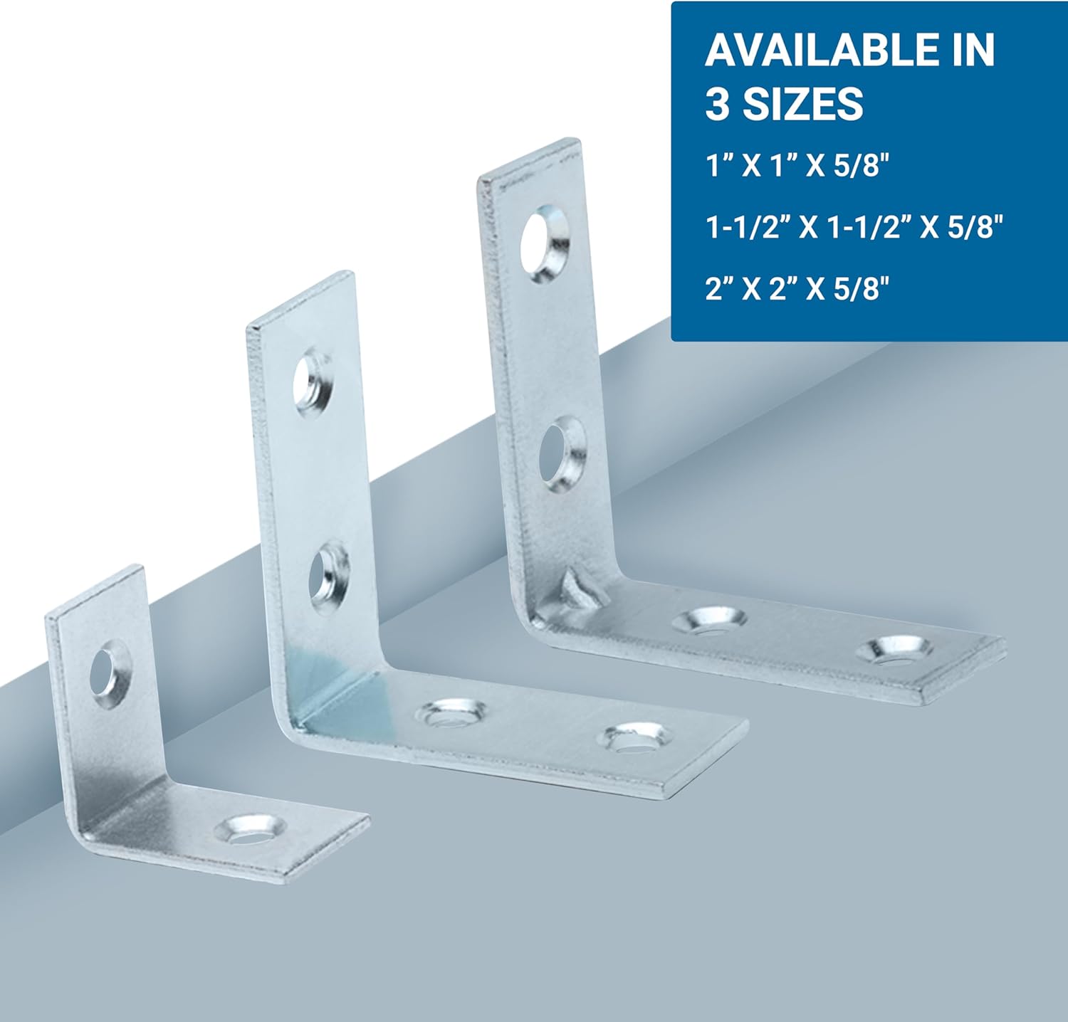 100 Pack Rok Hardware L Shaped Corner Brace, 1-1/2" (38mm) x 1-1/2" (38mm) x 5/8" (16mm) Angle Bracket, 3/32" (2mm) Thick, 16 Gauge, Made of Steel, Zinc Finish, R3316112IN