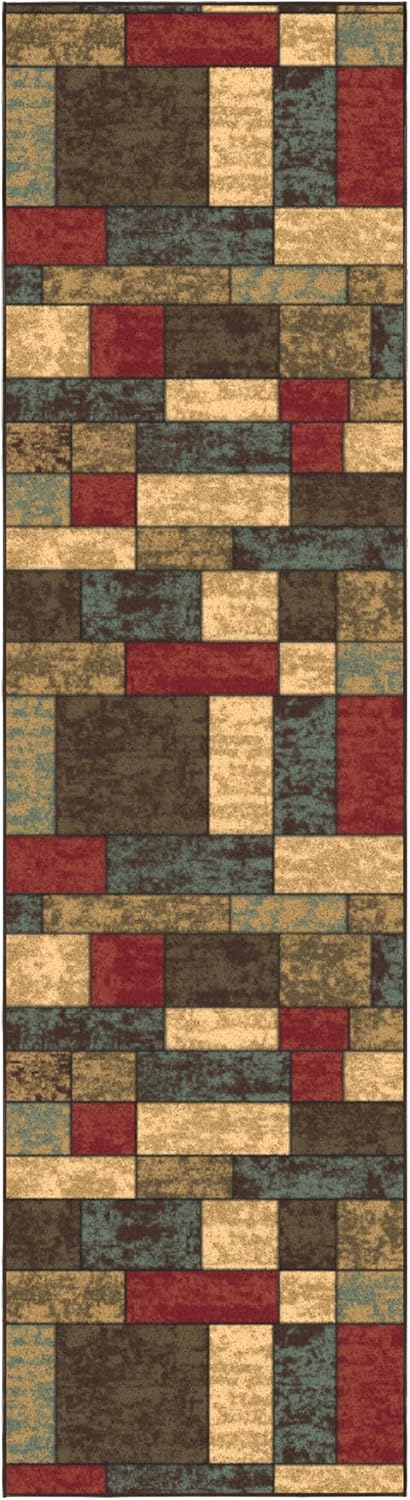Ottomanson Hallway Runner Rug 2'7" x 9'6" Non Slip Boxes Area Rugs Easy to Clean Laundry Rug Runner Durable & Pet Friendly Floor Carpet Runners for Hallways Entryway Living Room Kitchen, Multicolor