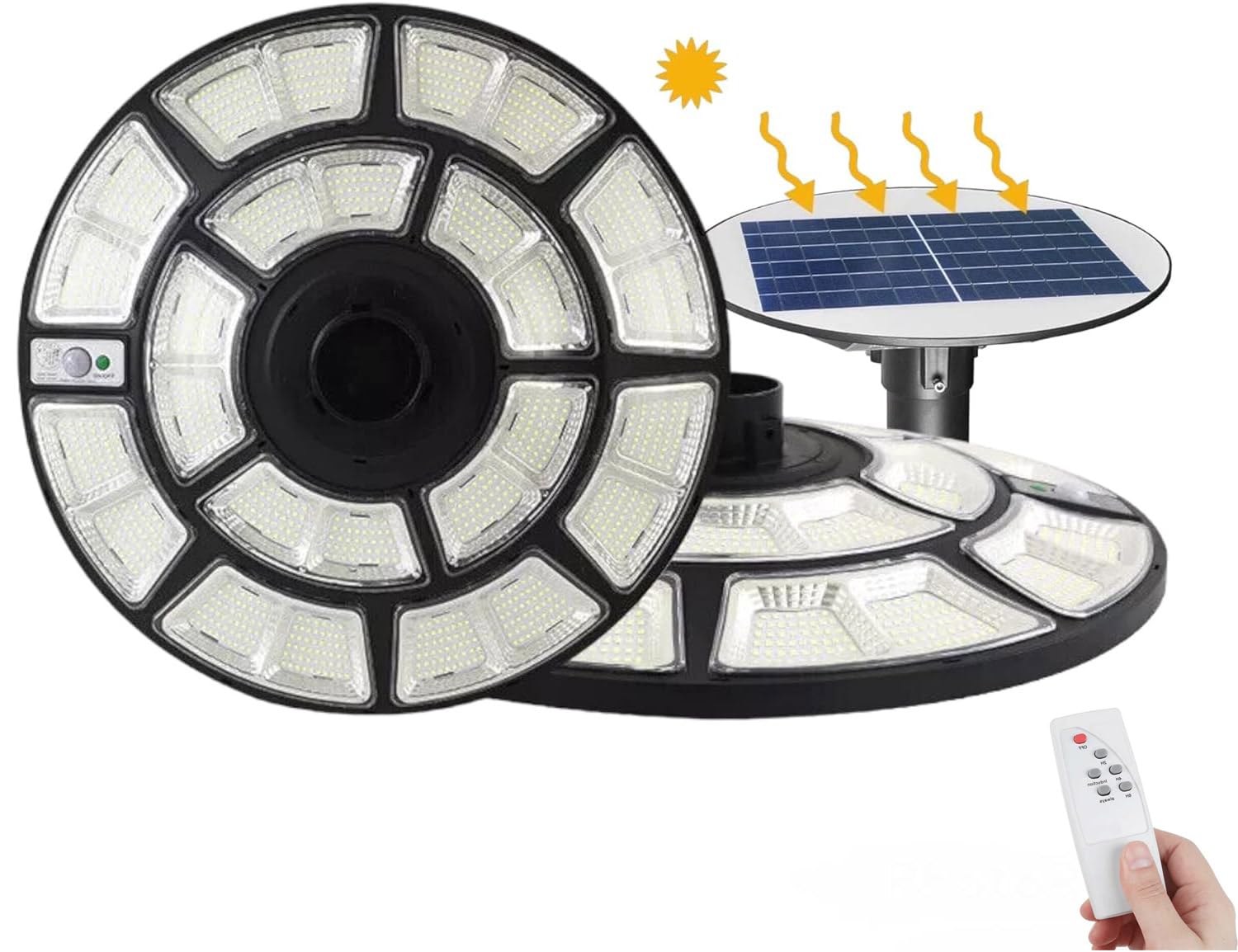 Lampione Solare Stradale 1200W Con Luce Bianco Fredda 6500K Forma Ufo Cerchio Con Telecomando Faro Da Esterno Impermeabile IP67 Crepuscolare