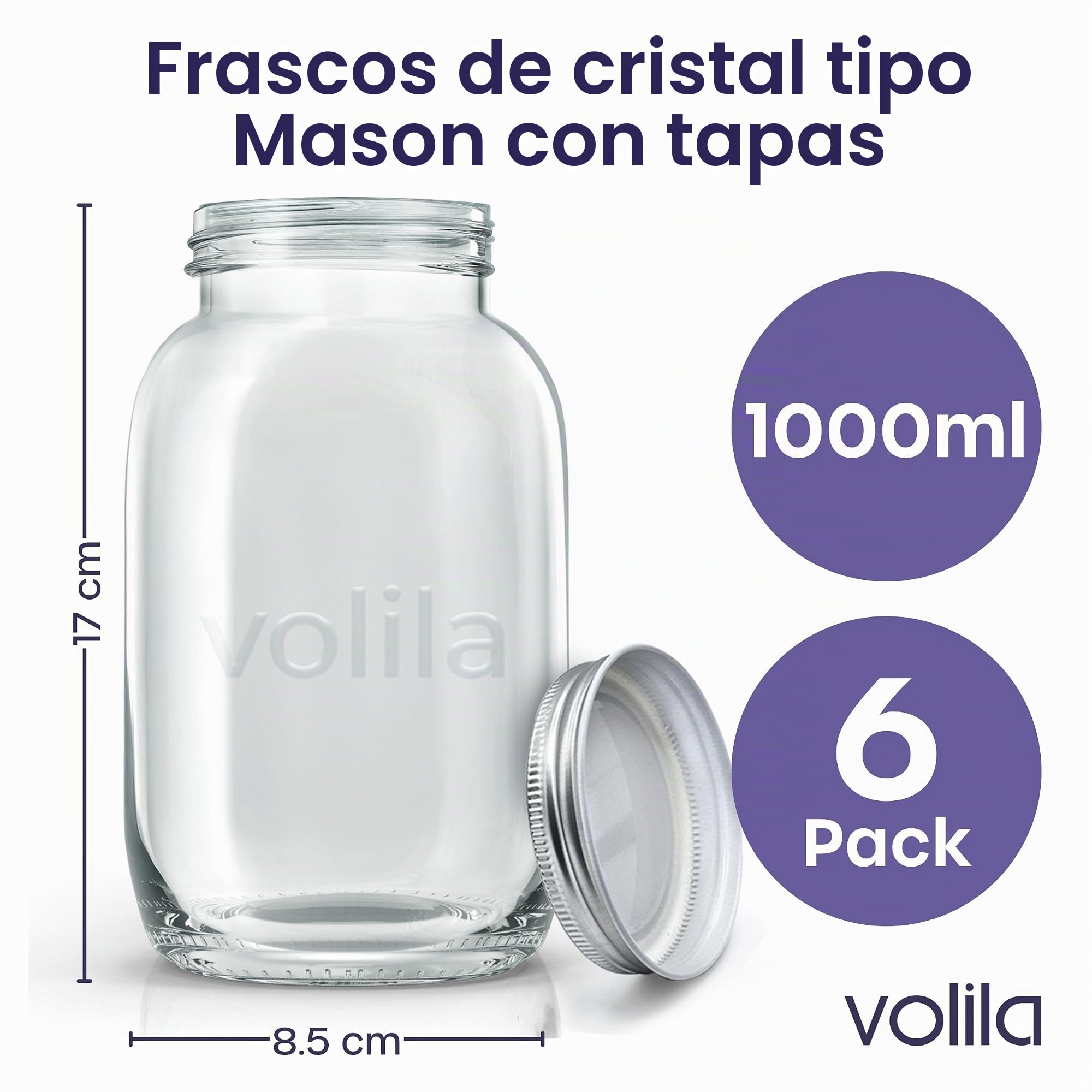volila Tarros De Cristal 1 L - Mason Jars Frascos De Vidrio Con Tapa - Pack de 6 - Botes Cristal Pequeños para Avena Nocturna, Incluye Etiquetas, Bolígrafo y Esponja