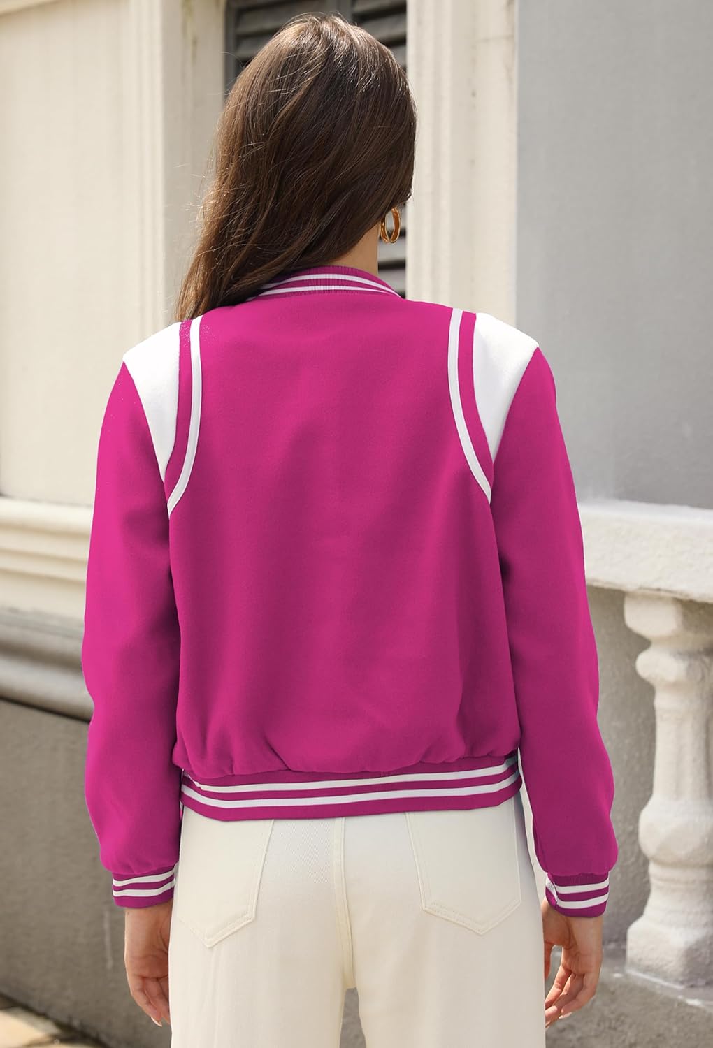 Womens Cropped Bomber Jacket Long Sleeve Button Down Baseball Varsity Fall Outerwear - Image 6