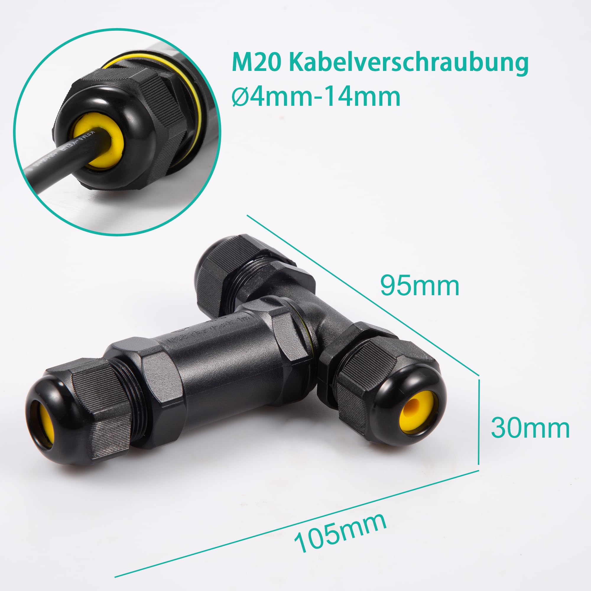 4x Kabelverbinder IP68 Wasserdicht - T-Form Für 3-15mm Kabel