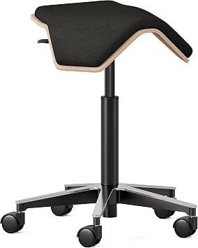Branch Saddle Chair - Ergonomic Rolling Stool with Birch Plywood Frame and Recycled Seat Fabric - Height Adjustable Saddle Seat for Active Sitting and Better Posture - Black
