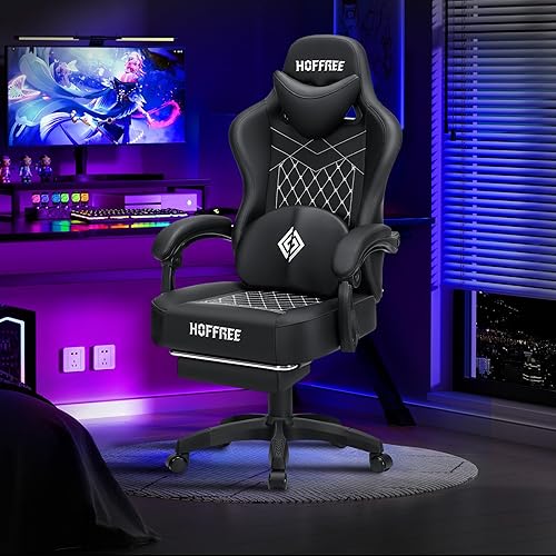 Miniatura 2 de HOFFREE Silla de juegos para computadora con cojín de resorte de bolsillo, silla de juegos de masaje con reposapiés ergonómico de cuero con respaldo