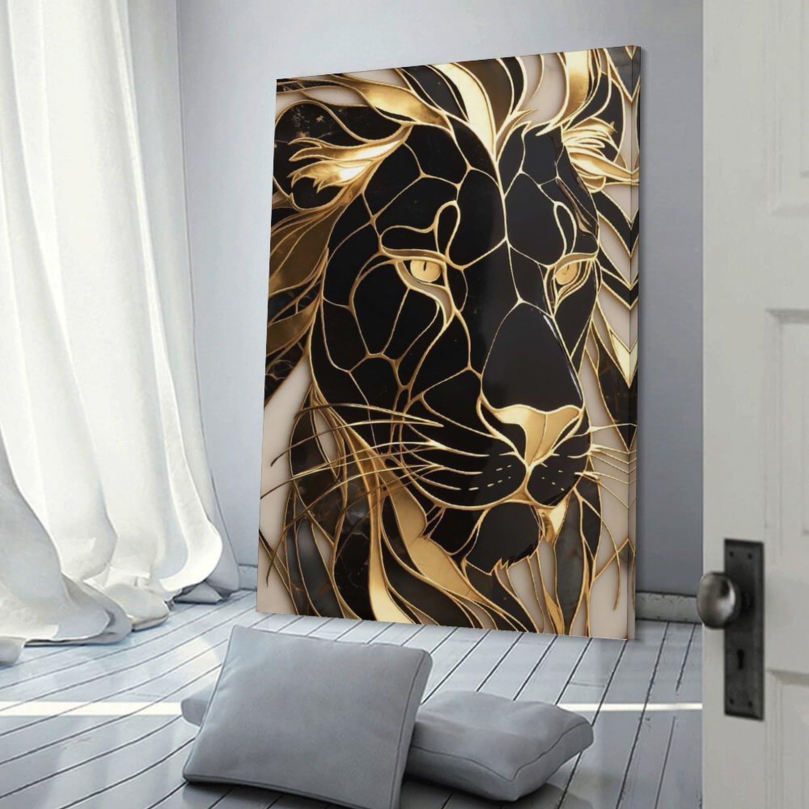 Junmoney Golden Black Lion Stained Glass Art Home Decor Wall Art 24x36inch(60x90cm), for Living Room, Lounge Or Sitting Room, A Home Accent with Warm Character