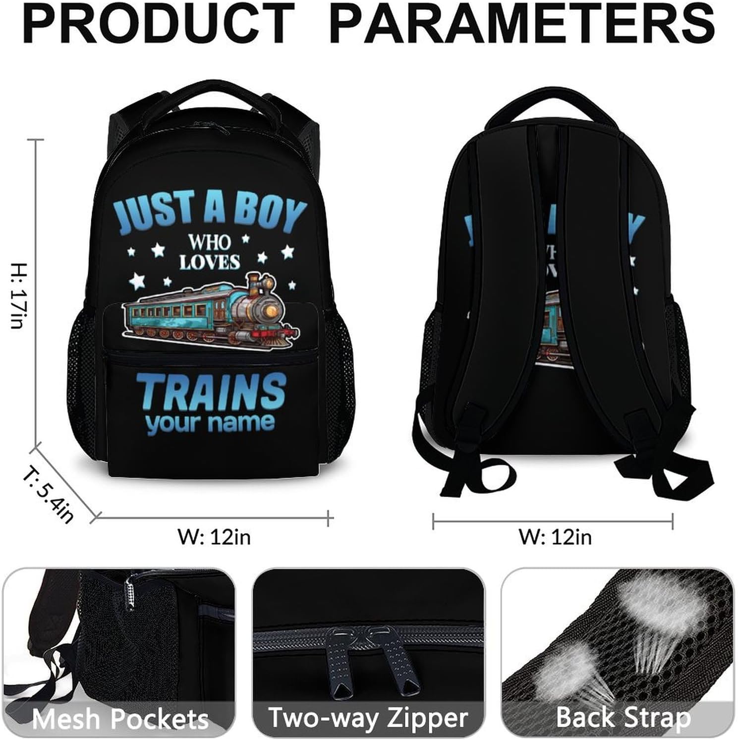 Personalized Kids School Backpack for Boys, 17" Black Train Backpacks for Elementary, Cool Pattern Large Capacity Bookbag for Travel