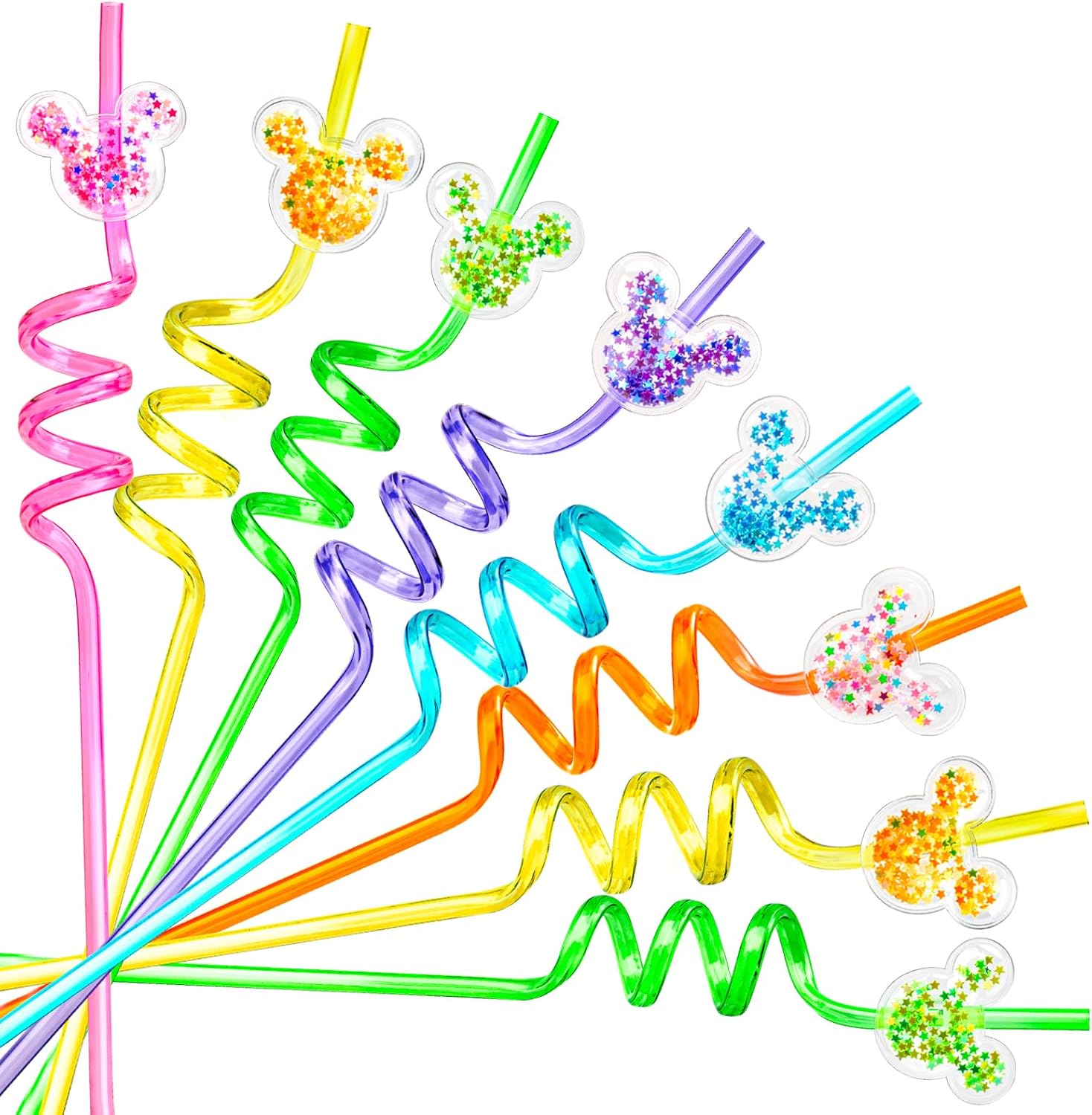 12 PCS Glitter Mouse Ear Straws, Reusable Spiral Crazy Straws with Cute Sparkle Ears, Fun Birthday Party Favors for Boys Girls, Cartoon Theme Party Supplies Decorations