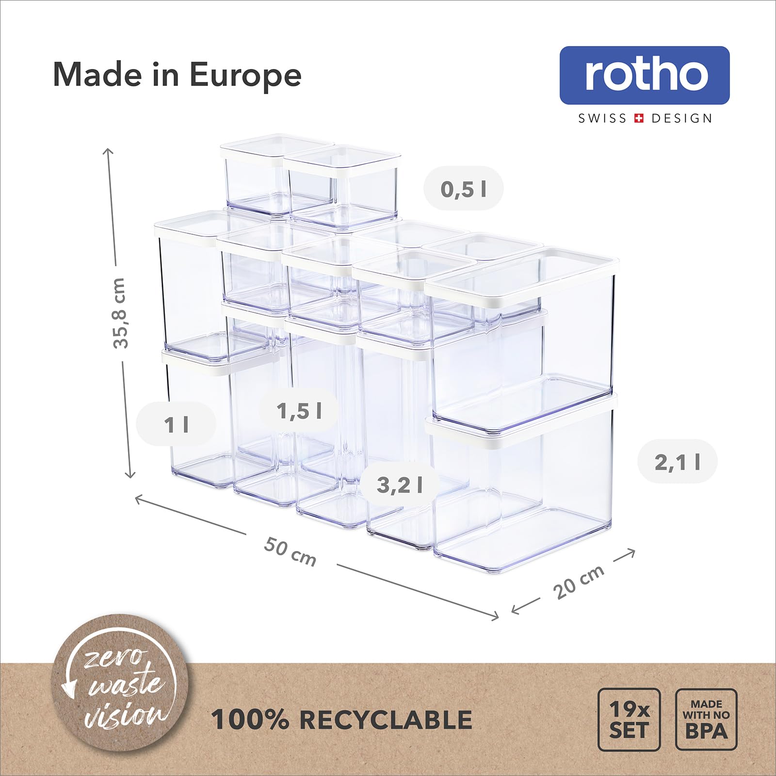 Rotho Loft Lot de 19 Boîtes de Conservation Hermétiques, Sans BPA, Blanc | Récipients alimentaires empilables en plastique SAN pour cuisine, compatibles lave-vaisselle et congélateur, tailles
