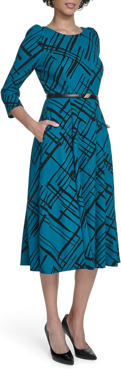 Calvin Klein Women's 3/4 Sleeve Belted A-Line Midi Dress - Image 4