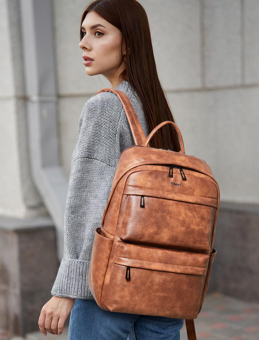 Veganer Lederrucksack für Damen und Herren, geeignet für 16,0 Zoll Laptop, mit vielen Fächern, Flaschenhalter und Koffergurt, Ideal für Arbeit, Reise und Alltag, Braun Laptop Rucksack
