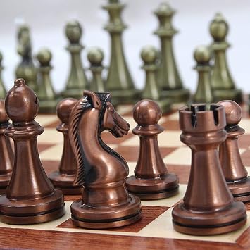 Feilengs Chess Set, Large Metal Deluxe Chess Retro Copper Plated Alloy Chess Adult Set Board Game Portable Wooden Box Storage Folding Chess Set