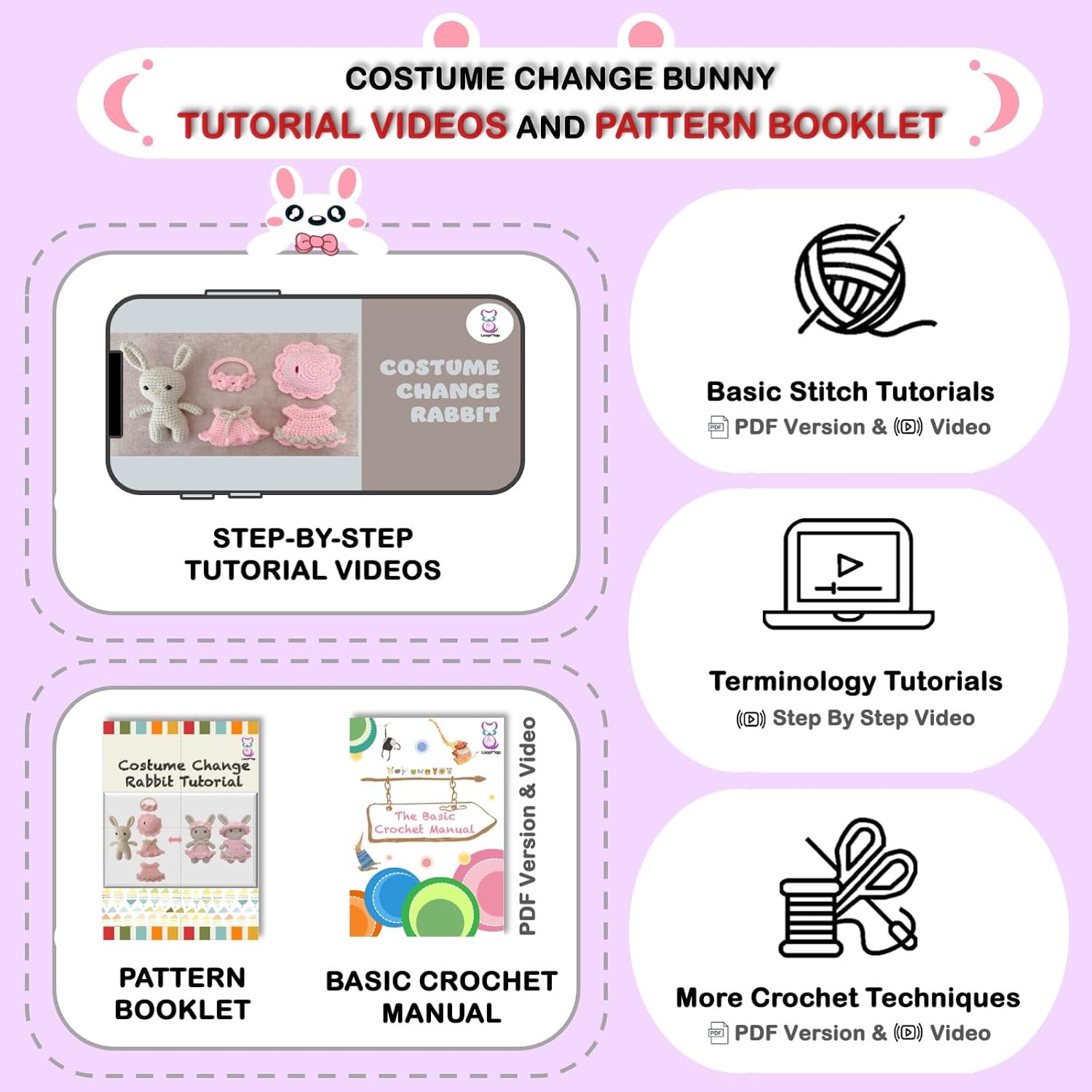 LoopMap Amigurumi Crochet Kit for Beginners with Removable Dress & Video Tutorials, DIY Bunny Making Kit Includes Premium Yarn & Tools, Creative Gift for Adults Teens (Purple)