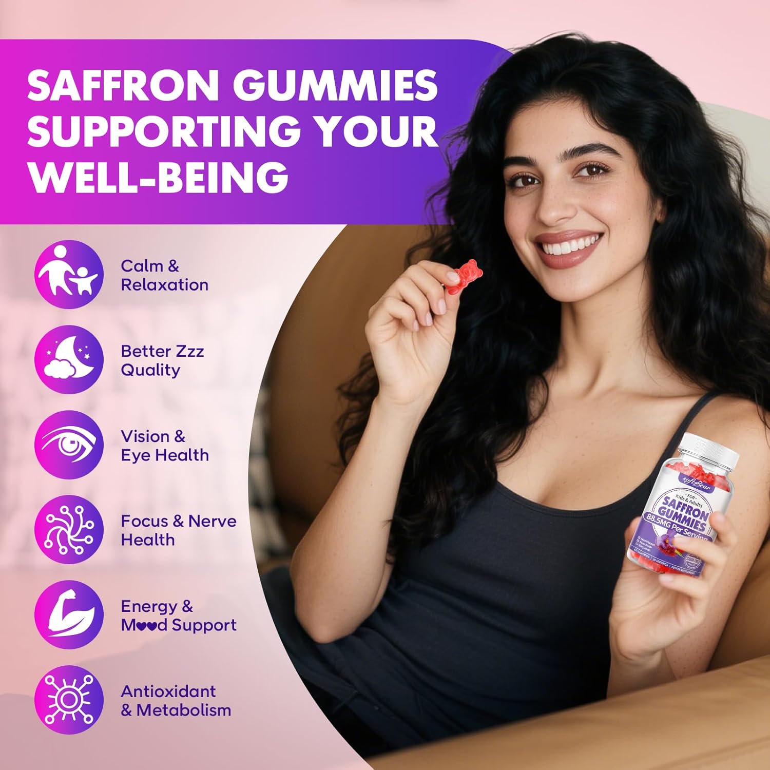 softbear Saffron Gummies for Kids & Adults, 10-in-1 Organic Saffron Supplements with 88.5mg Saffron Extract Support Calm Mind & Focus & Zzz, Sugar Free/Non-GMO, Raspberry Flavor 120 Count