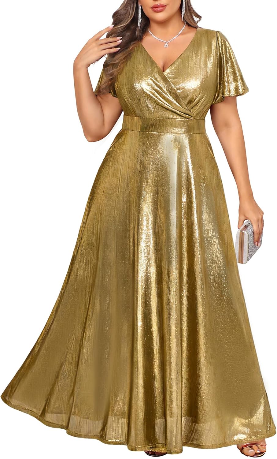 Pinup Fashion Plus Size Formal Gowns and Evening Dresses - Luxury Metallic Prom Gala Holiday Christmas Floor Length Dress