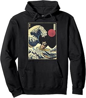 Raccoon Kanagawa Wave Funny Surf Animal Pullover Hoodie