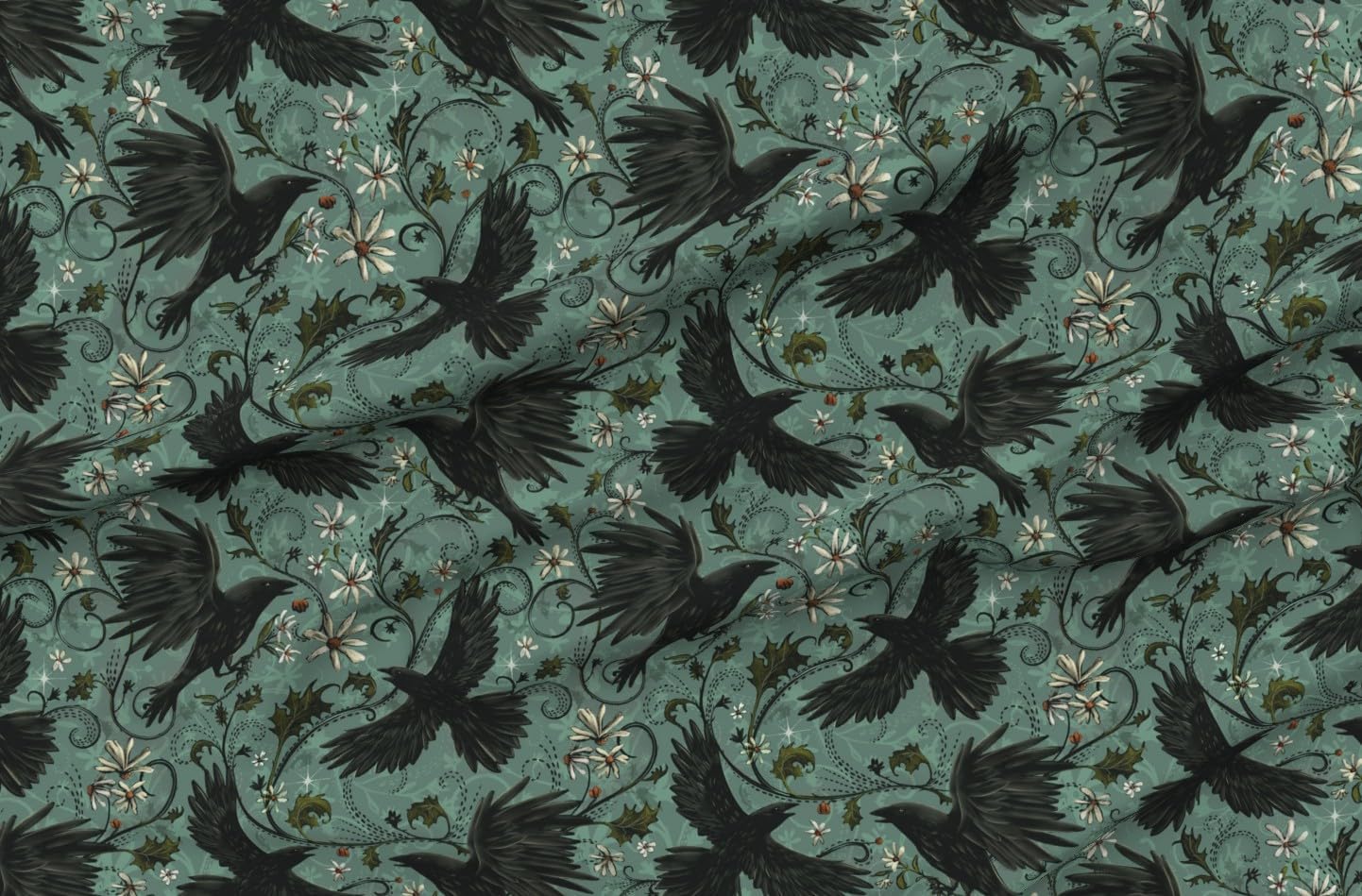 Spoonflower Fabric - Gothic Ravens Autumn Floral Halloween Bohemian Magic Dark Moody Corvid Printed on Organic Cotton Sateen Fabric by The Yard - Sewing Quilting Apparel Home Decor