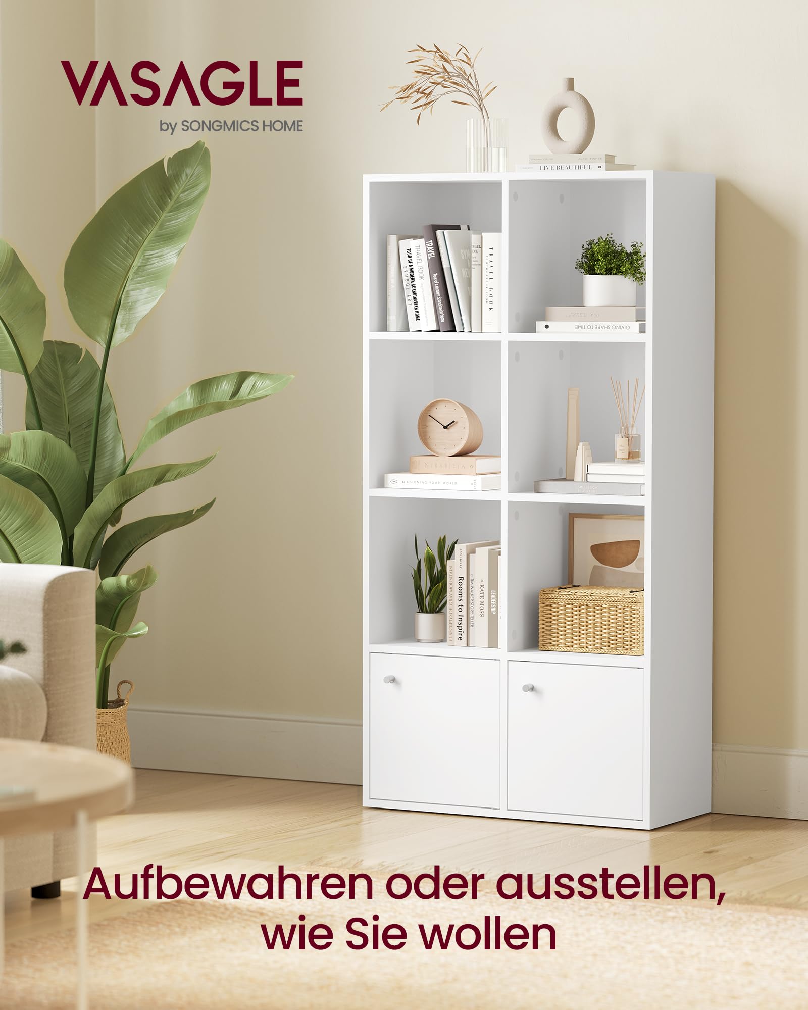 VASAGLE Custos Kollektion - Bücherregal, 4-stöckiges Regal, offenes Aufbewahrungsregal, Standregal, 29 x 65,8 x 130 cm, 2 Fächer mit Türen, Wohnzimmer Homeoffice Esszimmer, wolkenweiß LBC508WB01