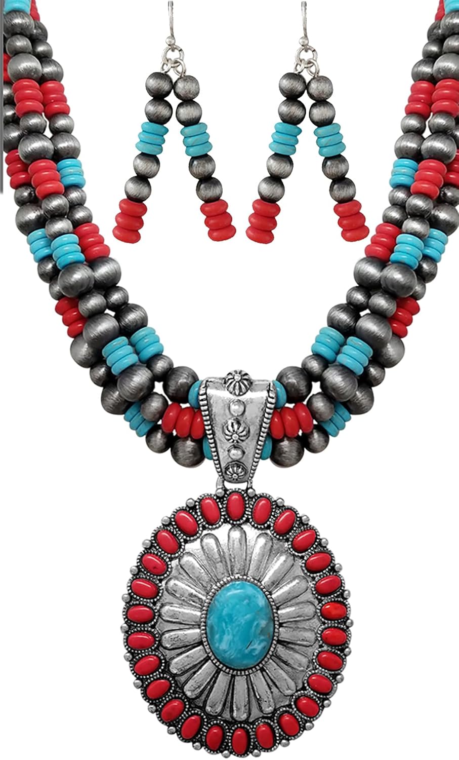 Rosemarie & Jubalee Women's Cowgirl Chic Statement Burnished Silver Howlite Concho Pendant On Multi Strand Western Metallic Pearl Necklace Earrings Set, 20"+3" Extender