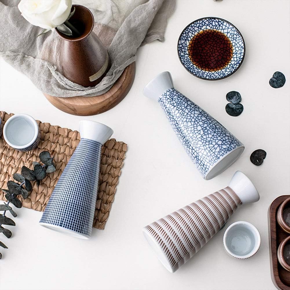 Sake Set of 5 Pieces Japanese Style Traditional Retro Porcelain Crafts (Color : Brown Taiji Pattern) (Blue Ice Crack) (Brown Circle Pattern)
