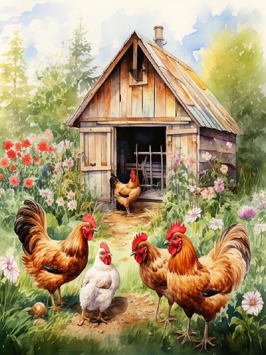 MjhRcll Stamped Cross Stitch Kits,Chicken Embroidery Starter Kit for Adult Beginners,Animals Cross Stitch Kits for Adults 12×16 Inch