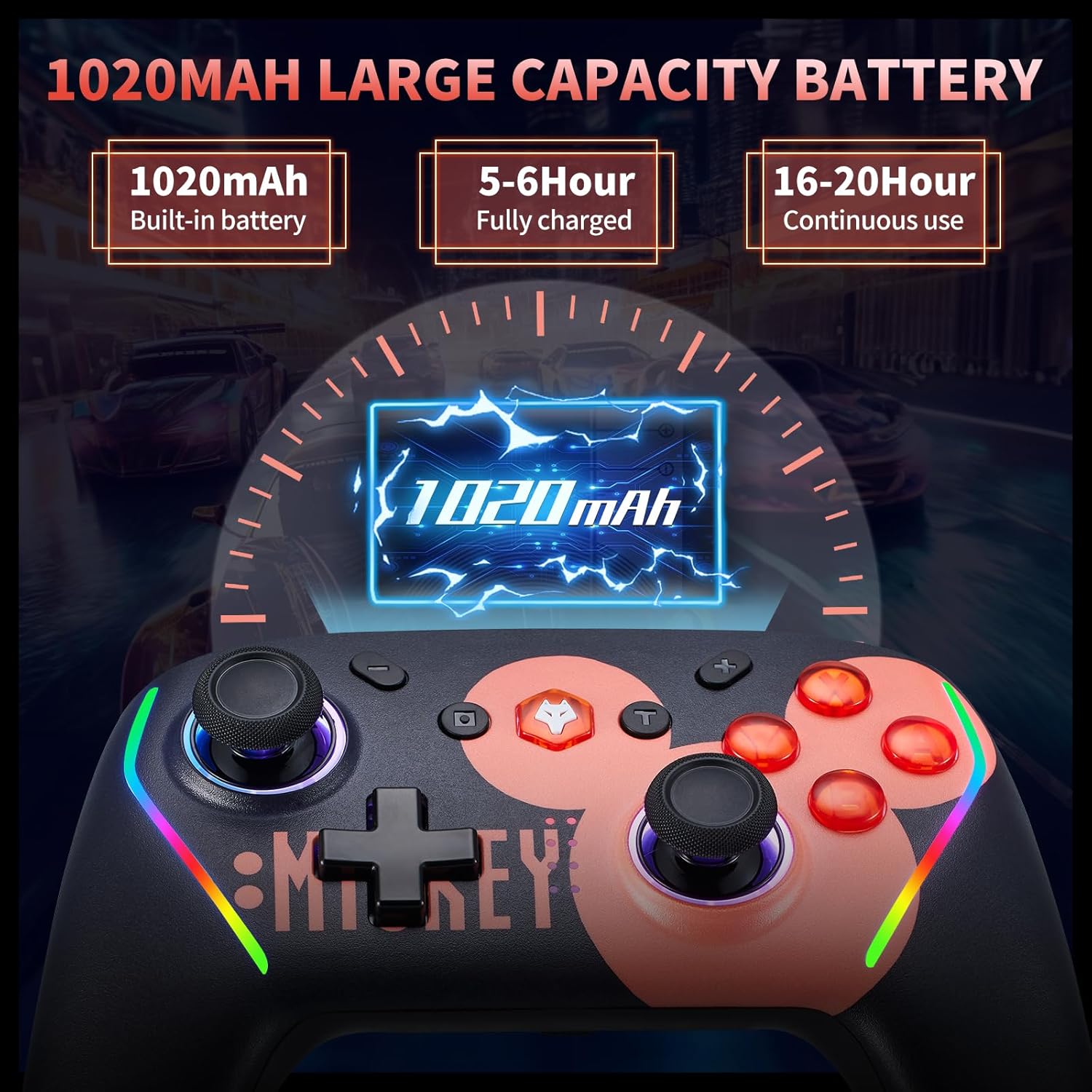 Image showing 1020mAh battery capacity, 5-6 hours charging time, and 16-20 hours continuous use